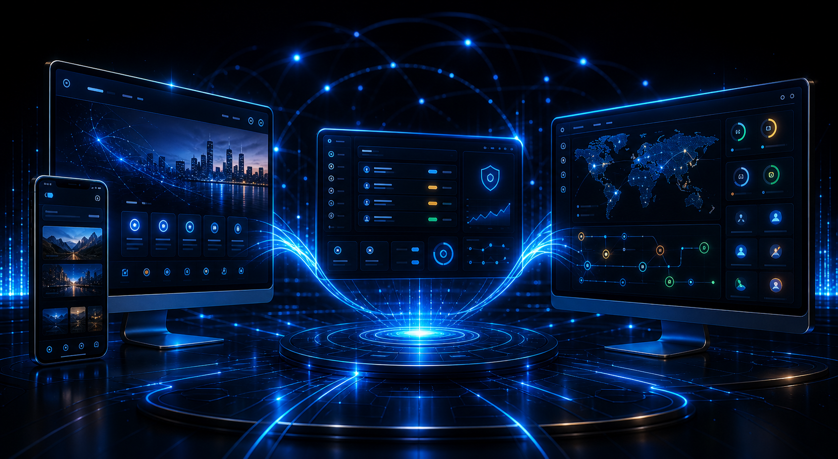 Connected website, admin console, and command center platform visual